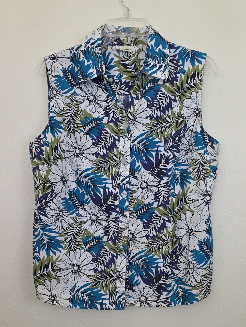 Vintage White Stag Teal, Purple, Green & White & Black Floral Sleeveless Top L